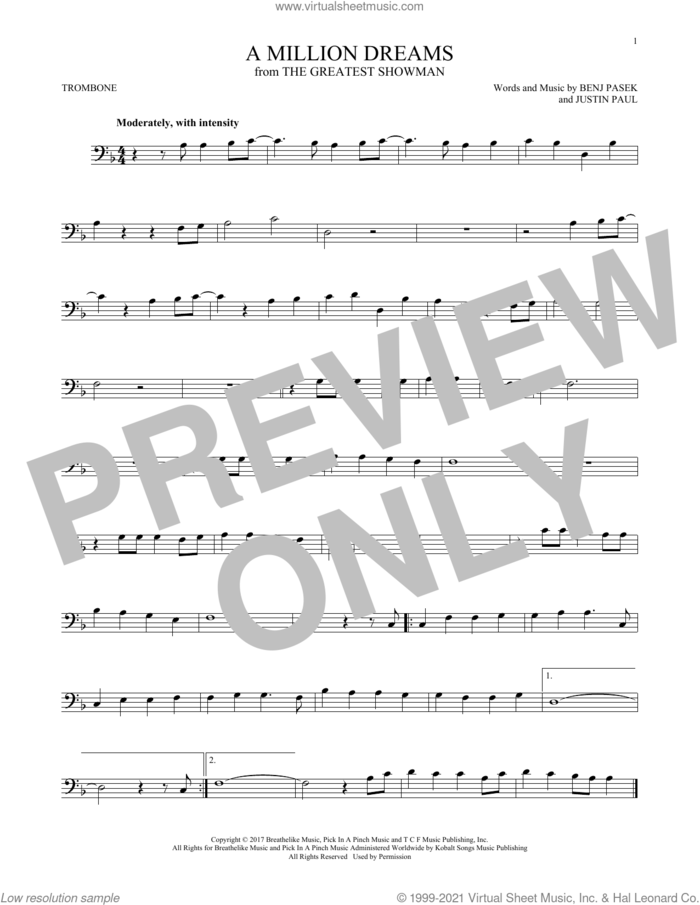 A Million Dreams (from The Greatest Showman) sheet music for trombone solo by Pasek & Paul, Benj Pasek and Justin Paul, intermediate skill level