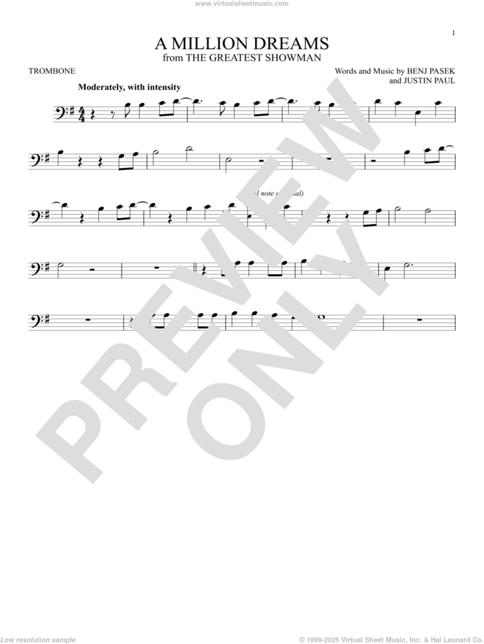 A Million Dreams (from The Greatest Showman) sheet music for trombone solo by Pasek & Paul, Benj Pasek and Justin Paul, intermediate skill level