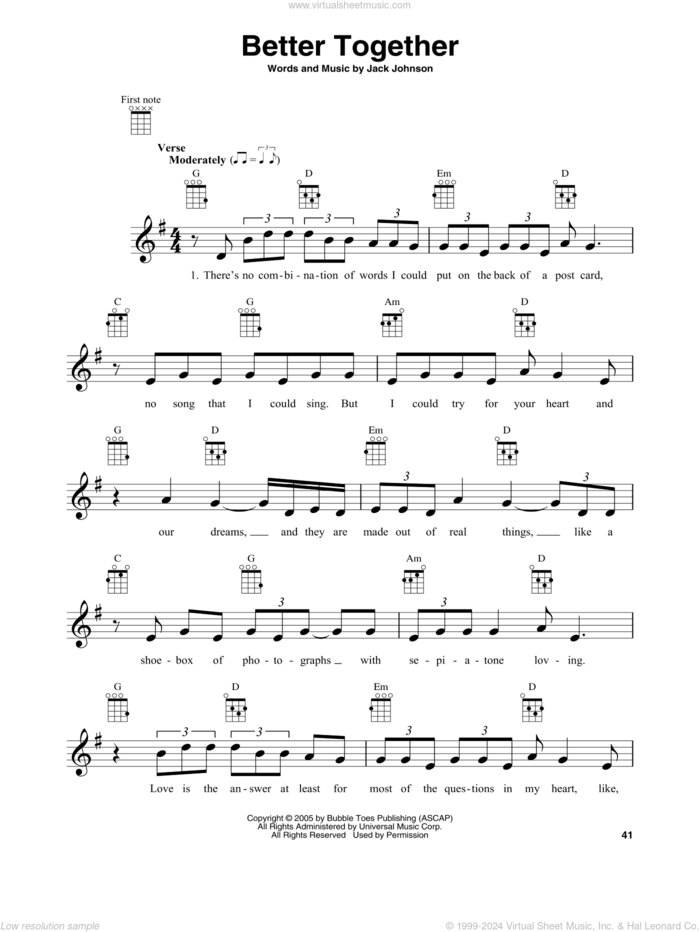 Better Together sheet music for baritone ukulele solo by Jack Johnson, intermediate skill level