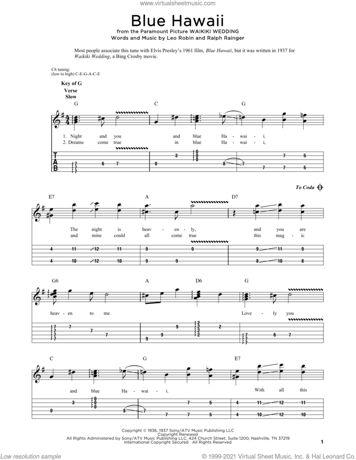 Blue Hawaii sheet music for dobro solo by Leo Robin, Fred Sokolow, Elvis Presley and Ralph Rainger, easy skill level