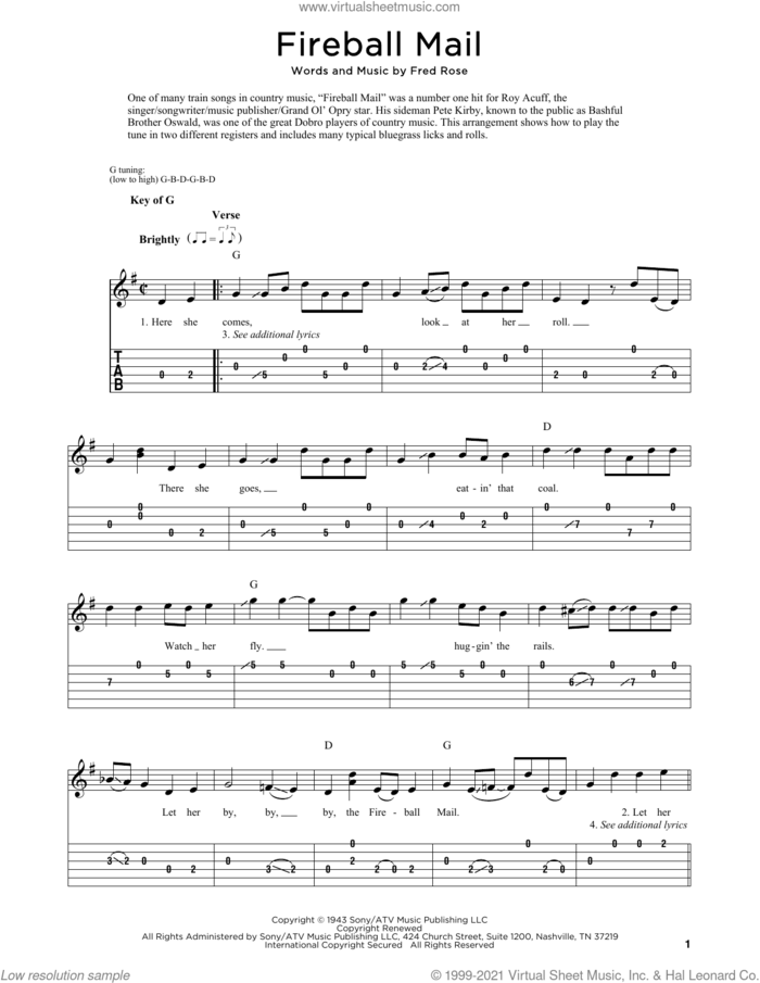 Fireball Mail sheet music for dobro solo by Roy Acuff, Fred Sokolow and Fred Rose, easy skill level