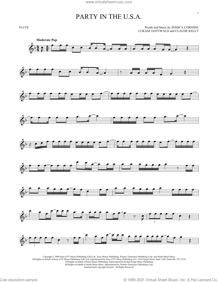 Party In The U.S.A. sheet music for flute solo by Miley Cyrus, Claude Kelly, Jessica Cornish and Lukasz Gottwald, intermediate skill level