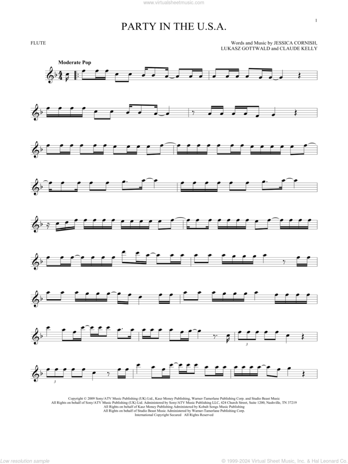 Party In The U.S.A. sheet music for flute solo by Miley Cyrus, Claude Kelly, Jessica Cornish and Lukasz Gottwald, intermediate skill level