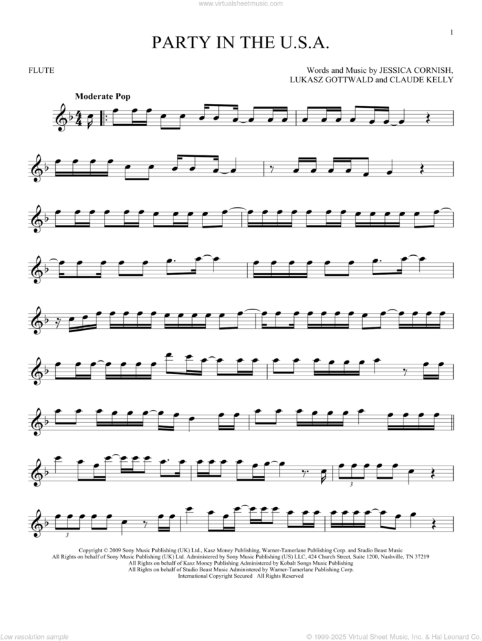 Party In The U.S.A. sheet music for flute solo by Miley Cyrus, Claude Kelly, Jessica Cornish and Lukasz Gottwald, intermediate skill level