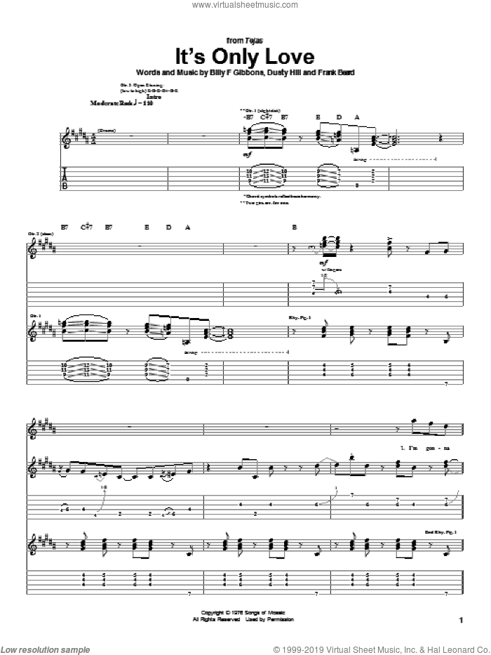 It's Only Love sheet music for guitar (tablature) by ZZ Top, Billy Gibbons, Dusty Hill and Frank Beard, intermediate skill level
