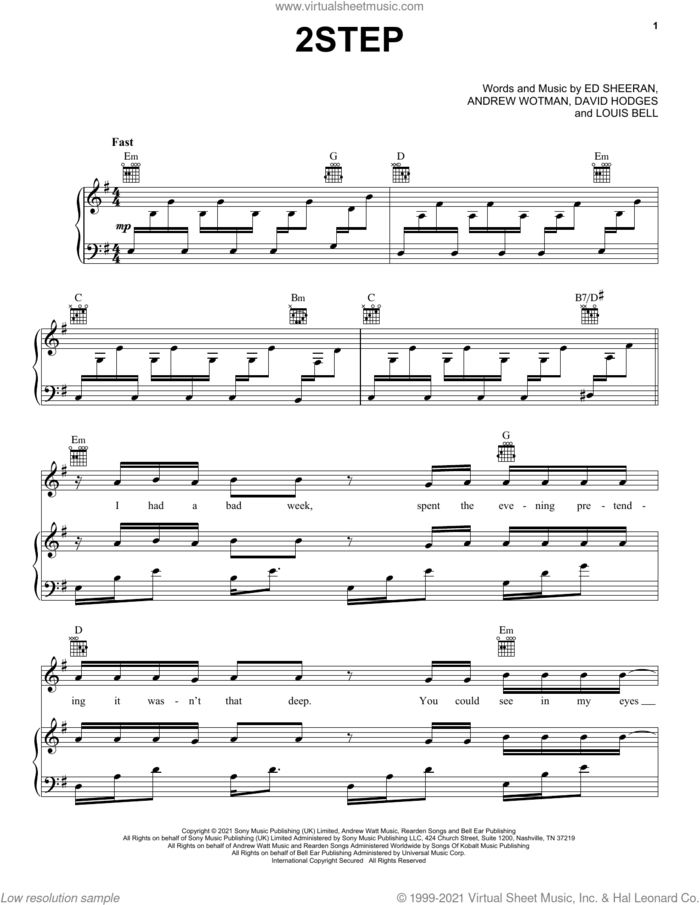 2step sheet music for voice, piano or guitar by Ed Sheeran, Andrew Wotman, David Hodges and Louis Bell, intermediate skill level