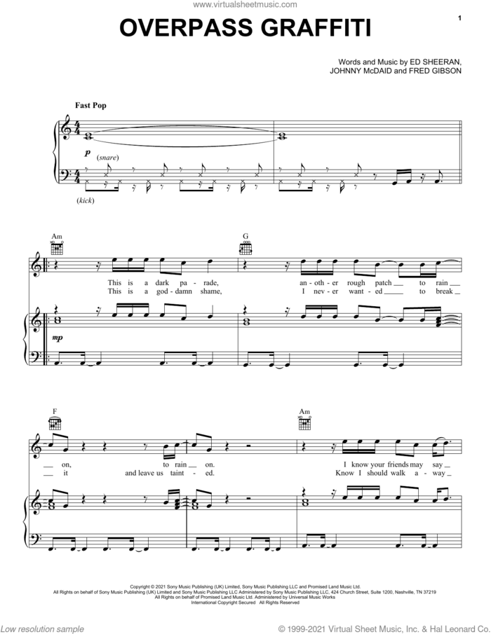 Overpass Graffiti sheet music for voice, piano or guitar by Ed Sheeran, Fred Gibson and Johnny McDaid, intermediate skill level
