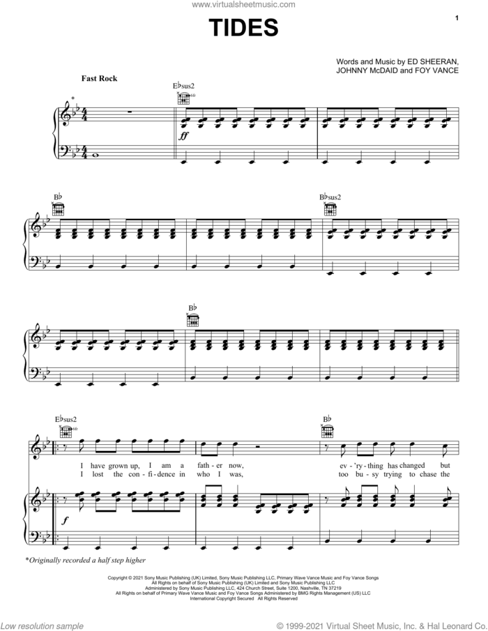 Tides sheet music for voice, piano or guitar by Ed Sheeran, Foy Vance and Johnny McDaid, intermediate skill level