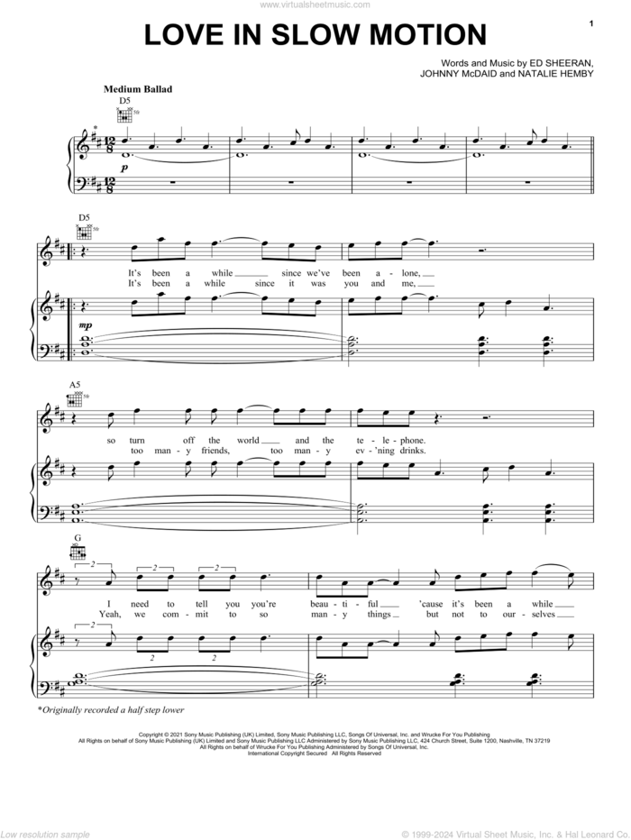 Love In Slow Motion sheet music for voice, piano or guitar by Ed Sheeran, Johnny McDaid and Natalie Hemby, intermediate skill level