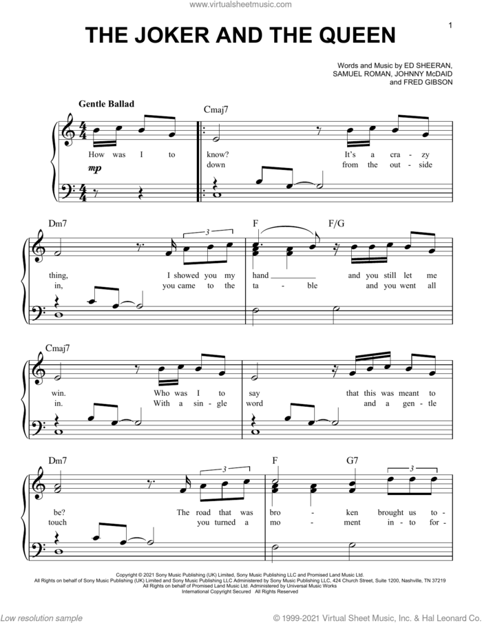 The Joker And The Queen sheet music for piano solo by Ed Sheeran, Fred Gibson, Johnny McDaid and Samuel Roman, easy skill level