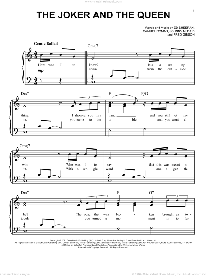 The Joker And The Queen sheet music for piano solo by Ed Sheeran, Fred Gibson, Johnny McDaid and Samuel Roman, easy skill level