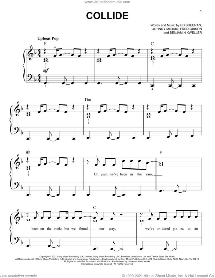 Collide sheet music for piano solo by Ed Sheeran, Benjamin Kweller, Fred Gibson and Johnny McDaid, easy skill level