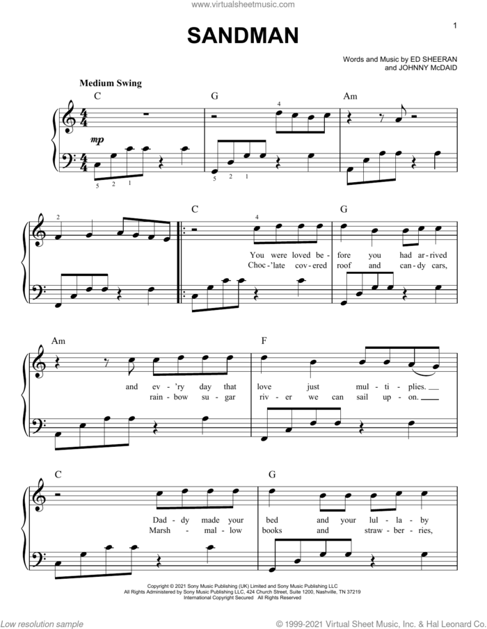 Sandman sheet music for piano solo by Ed Sheeran and Johnny McDaid, easy skill level