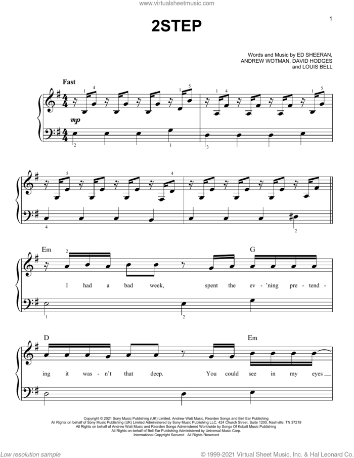 2step sheet music for piano solo by Ed Sheeran, Andrew Wotman, David Hodges and Louis Bell, easy skill level
