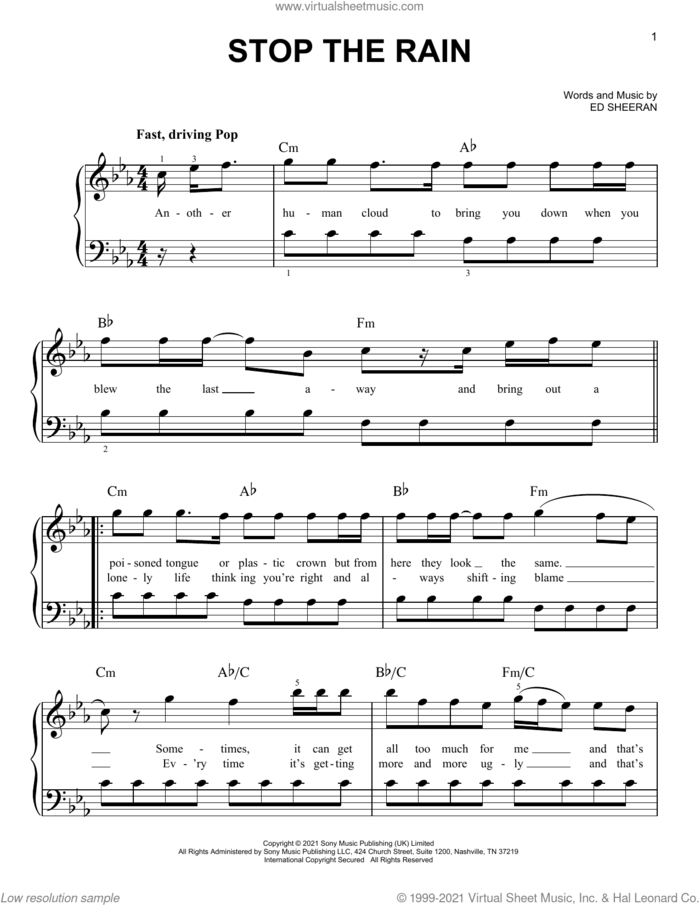Stop The Rain sheet music for piano solo by Ed Sheeran, easy skill level