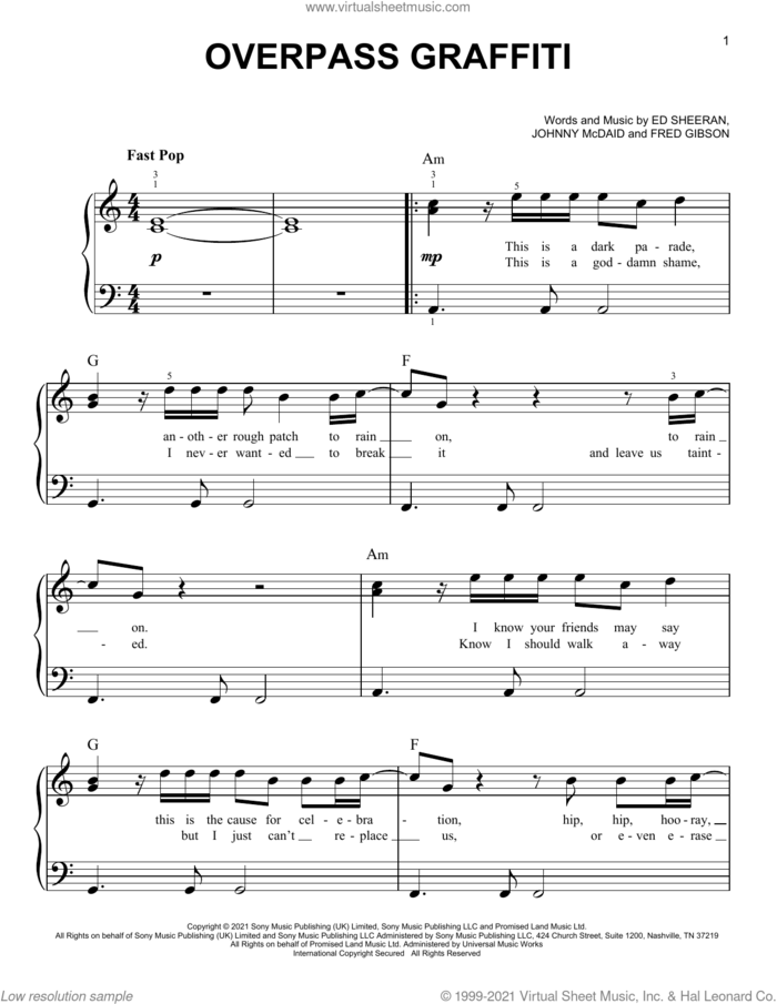 Overpass Graffiti sheet music for piano solo by Ed Sheeran, Fred Gibson and Johnny McDaid, easy skill level