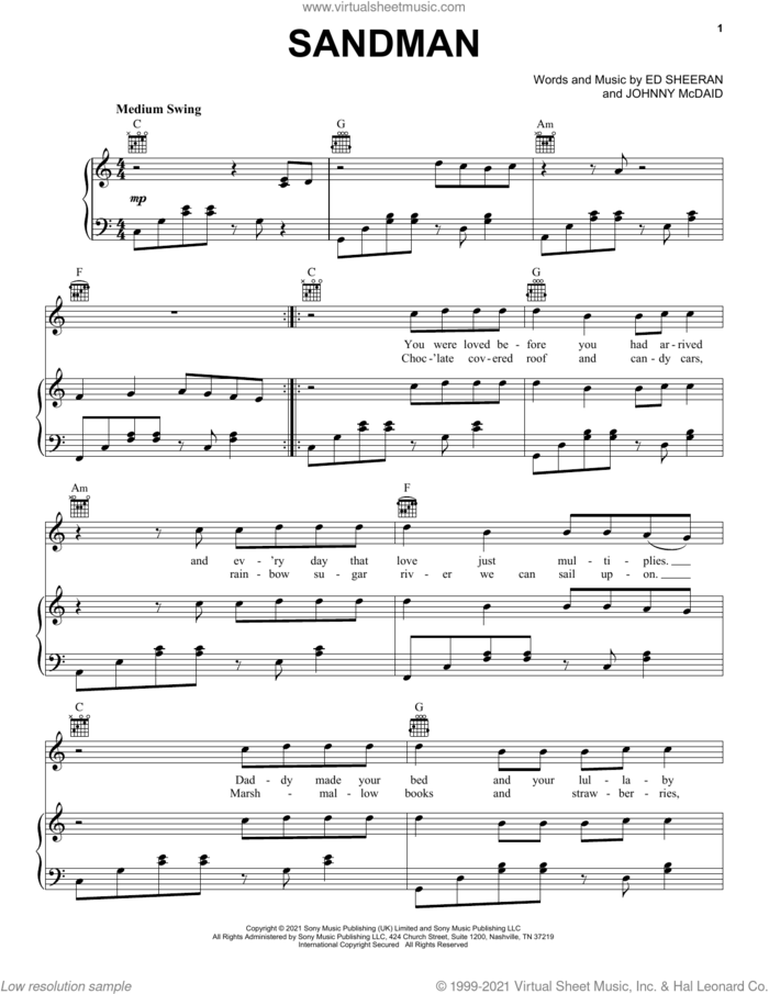 Sandman sheet music for voice, piano or guitar by Ed Sheeran and Johnny McDaid, intermediate skill level