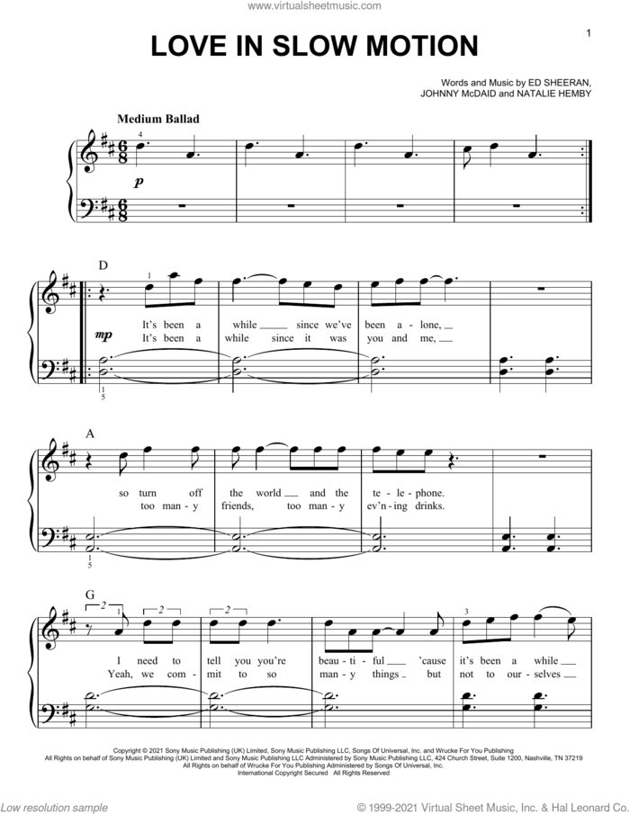 Love In Slow Motion sheet music for piano solo by Ed Sheeran, Johnny McDaid and Natalie Hemby, easy skill level