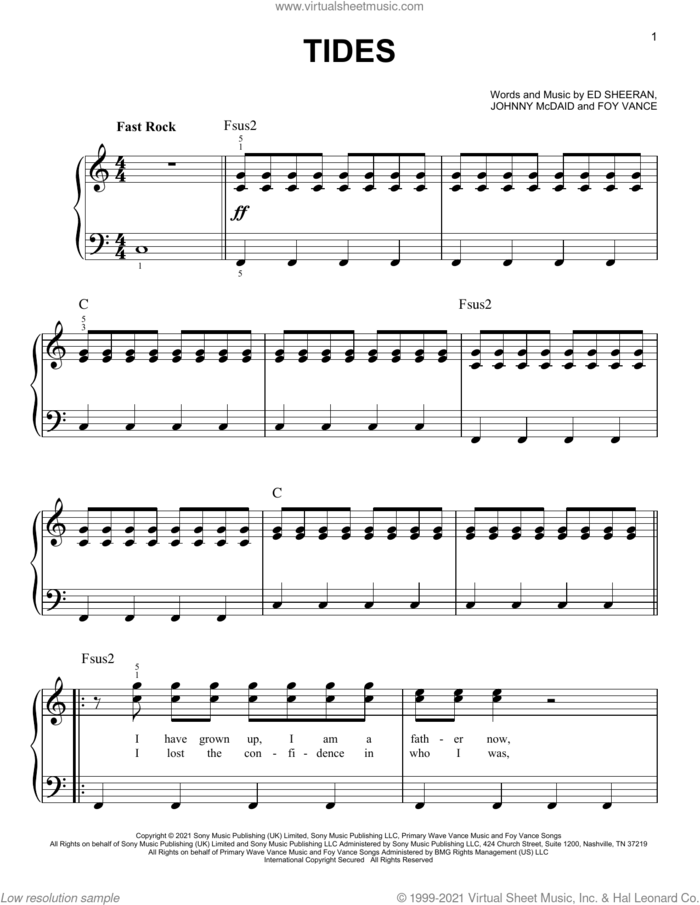 Tides sheet music for piano solo by Ed Sheeran, Foy Vance and Johnny McDaid, easy skill level