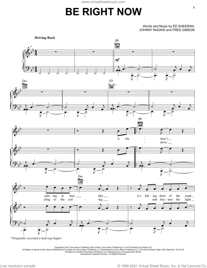 Be Right Now sheet music for voice, piano or guitar by Ed Sheeran, Fred Gibson and Johnny McDaid, intermediate skill level