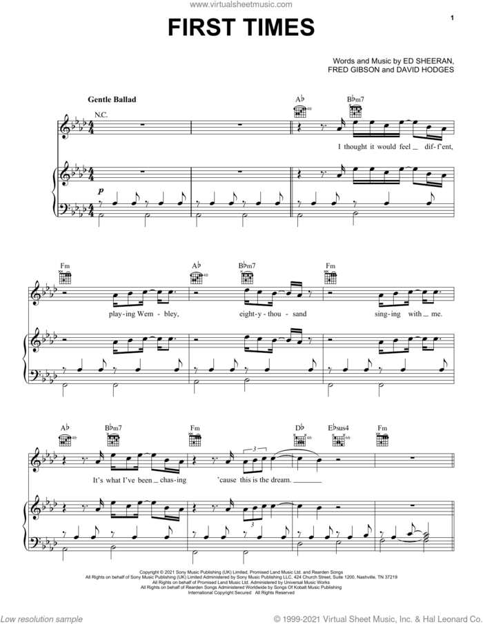 First Times sheet music for voice, piano or guitar by Ed Sheeran, David Hodges and Fred Gibson, intermediate skill level