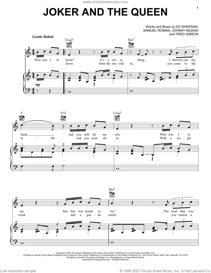 The Joker And The Queen sheet music for voice, piano or guitar by Ed Sheeran, Fred Gibson, Johnny McDaid and Samuel Roman, intermediate skill level