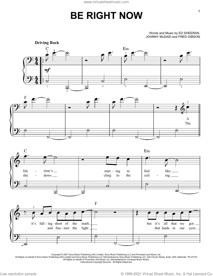 Be Right Now sheet music for piano solo by Ed Sheeran, Fred Gibson and Johnny McDaid, easy skill level