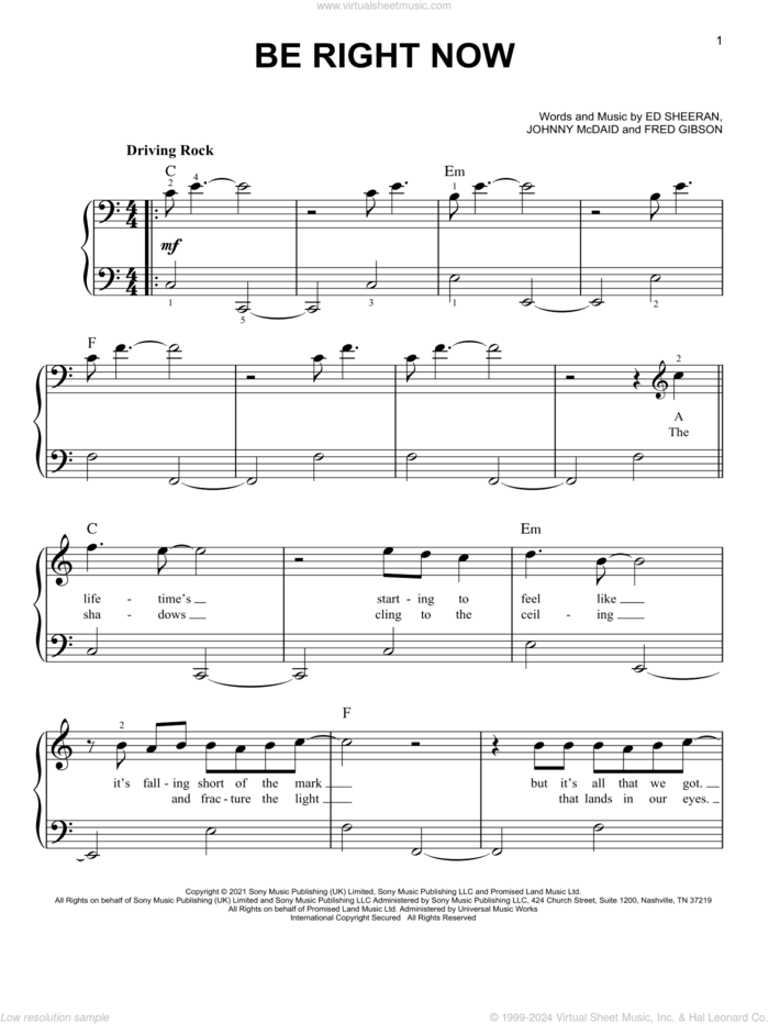 Be Right Now sheet music for piano solo by Ed Sheeran, Fred Gibson and Johnny McDaid, easy skill level