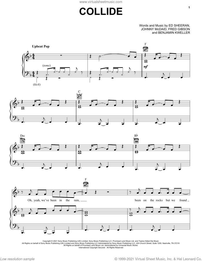 Collide sheet music for voice, piano or guitar by Ed Sheeran, Benjamin Kweller, Fred Gibson and Johnny McDaid, intermediate skill level