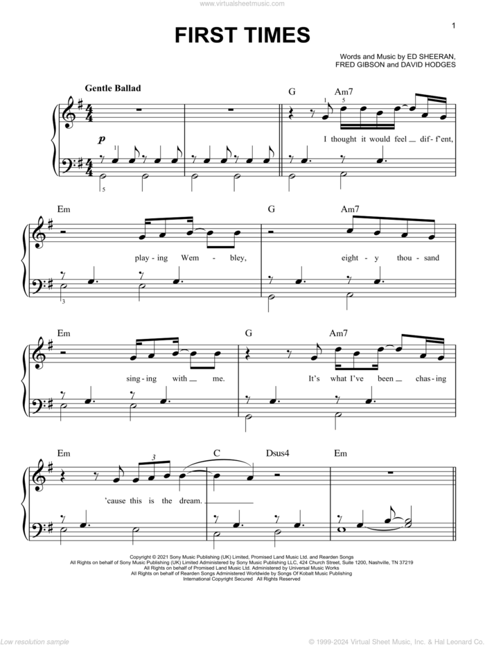 First Times sheet music for piano solo by Ed Sheeran, David Hodges and Fred Gibson, easy skill level