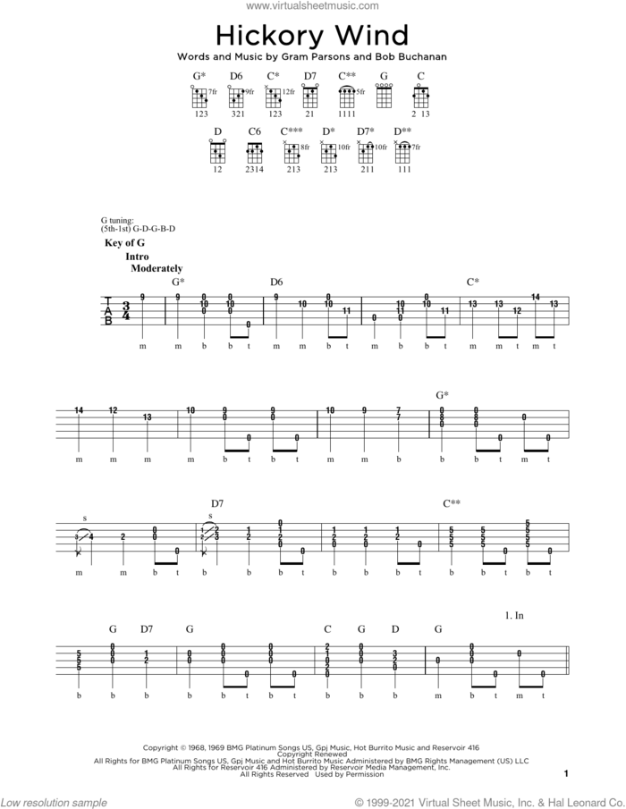 Hickory Wind sheet music for banjo solo by Gram Parsons, Michael J. Miles and Bob Buchanan, intermediate skill level
