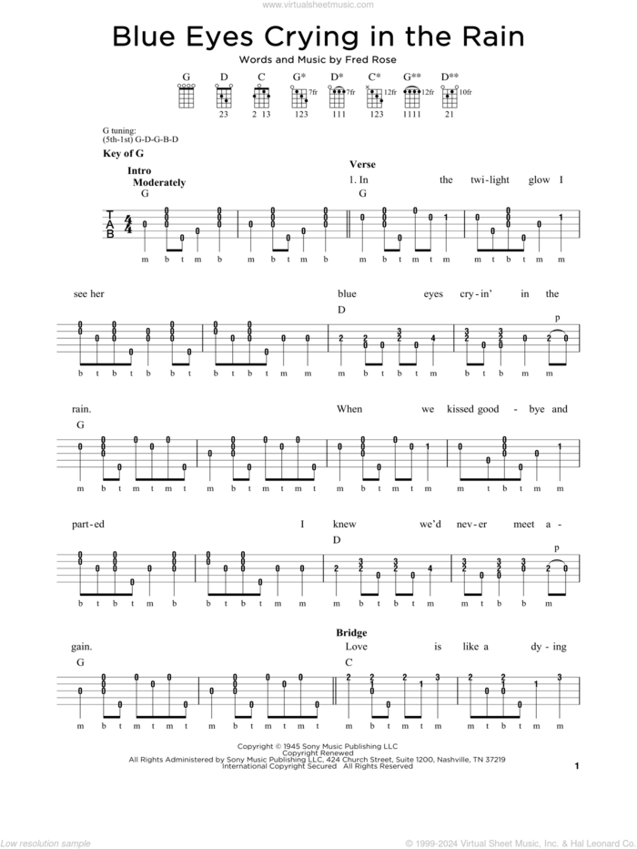 Blue Eyes Crying In The Rain sheet music for banjo solo by Willie Nelson, Elvis Presley, Michael J. Miles and Fred Rose, intermediate skill level