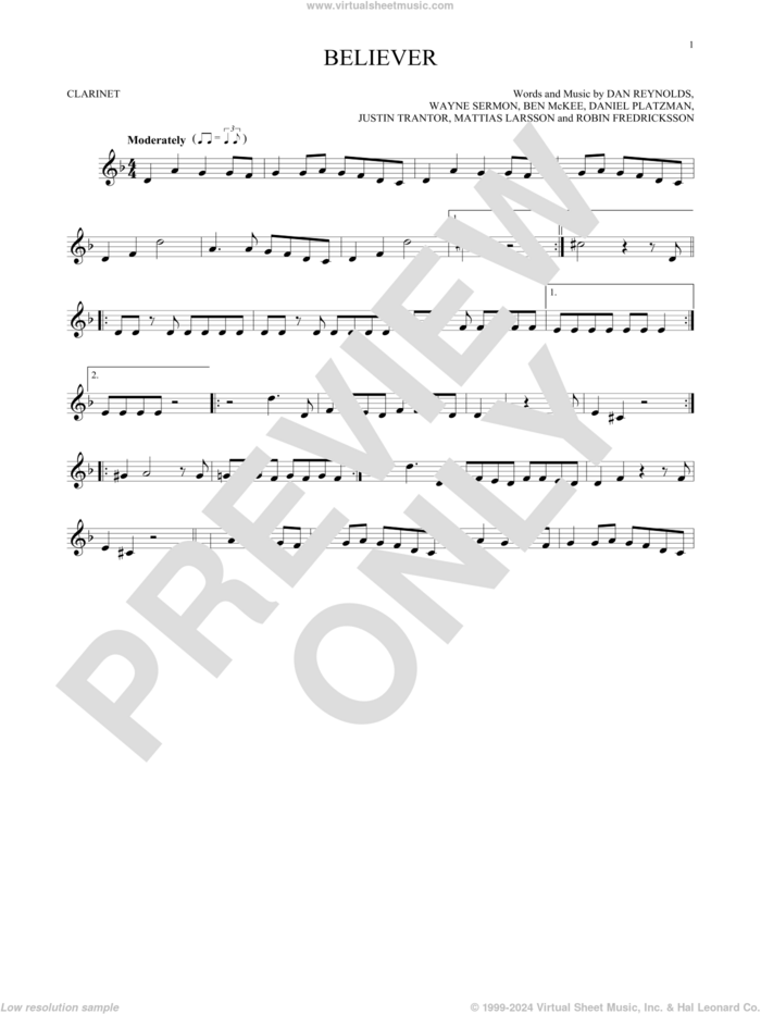 Believer sheet music for clarinet solo by Imagine Dragons, Ben McKee, Dan Reynolds, Daniel Platzman, Justin Tranter, Mattias Larsson, Robin Fredriksson and Wayne Sermon, intermediate skill level