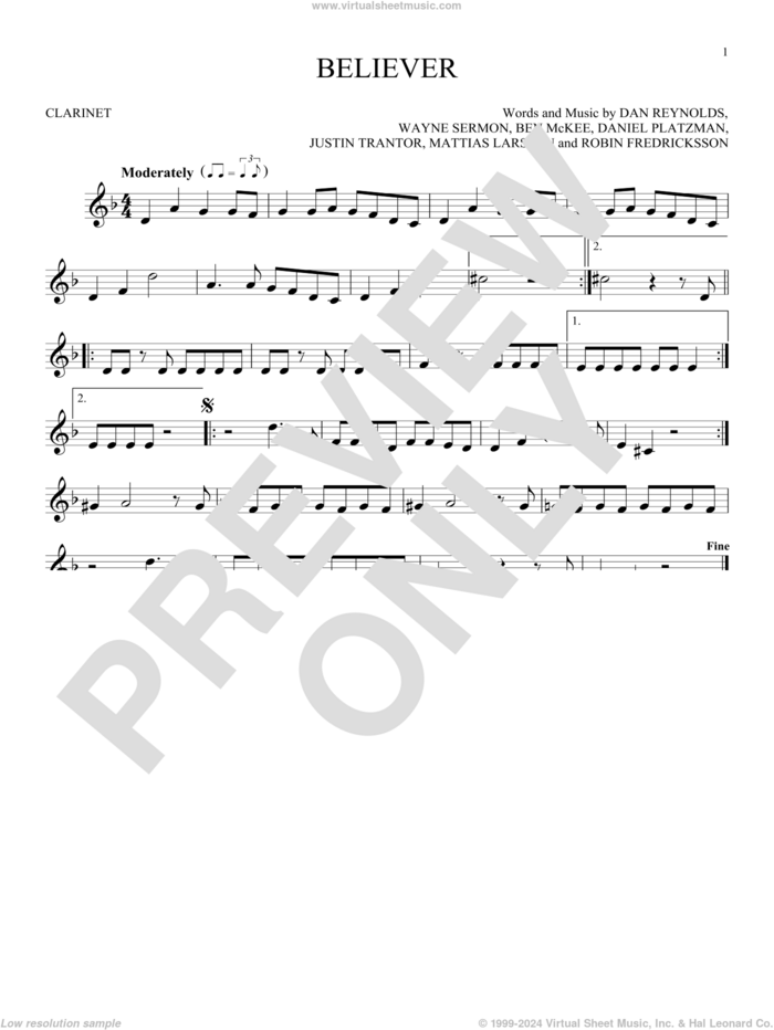 Believer sheet music for clarinet solo by Imagine Dragons, Ben McKee, Dan Reynolds, Daniel Platzman, Justin Tranter, Mattias Larsson, Robin Fredriksson and Wayne Sermon, intermediate skill level