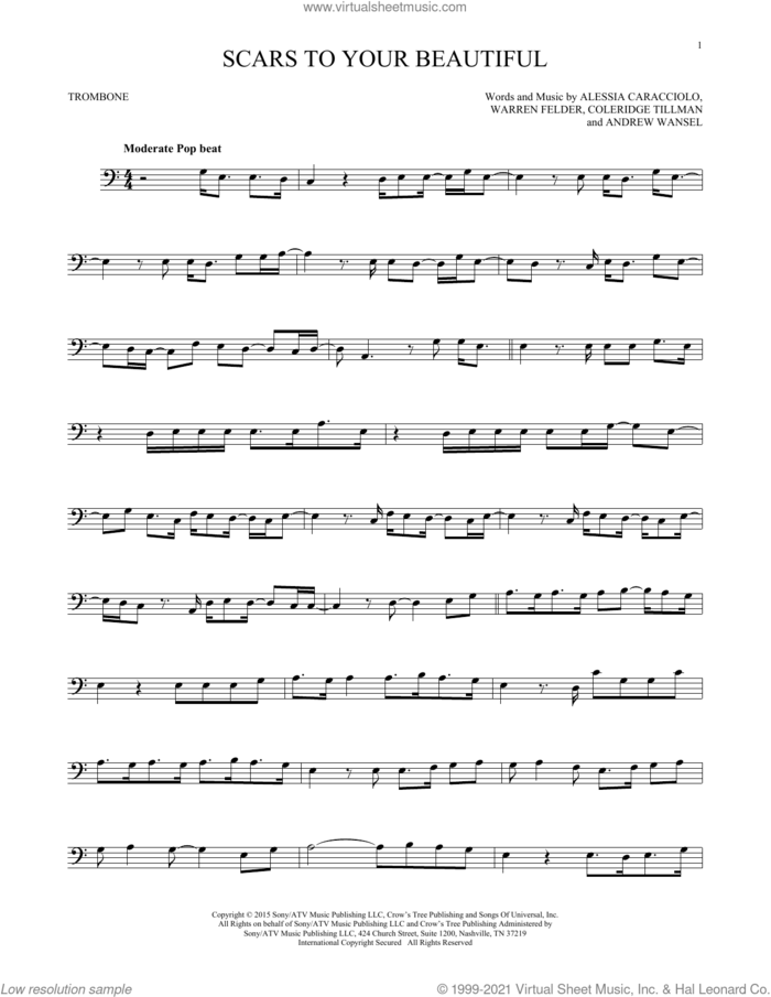 Scars To Your Beautiful sheet music for trombone solo by Alessia Cara, Alessia Caracciolo, Andrew Wansel, Coleridge Tillman and Warren Felder, intermediate skill level