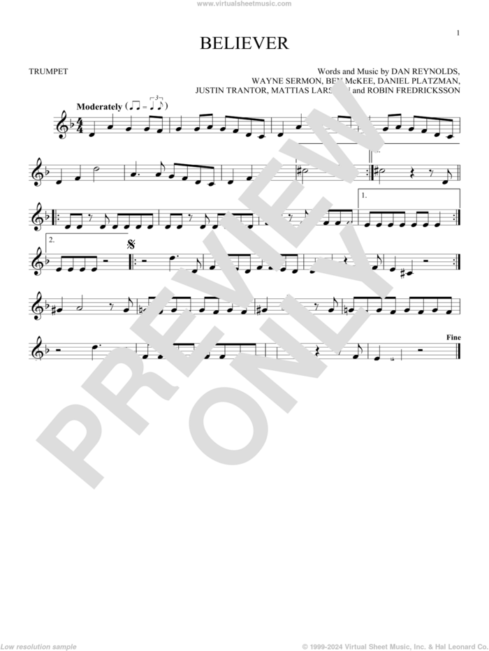 Believer sheet music for trumpet solo by Imagine Dragons, Ben McKee, Dan Reynolds, Daniel Platzman, Justin Tranter, Mattias Larsson, Robin Fredriksson and Wayne Sermon, intermediate skill level