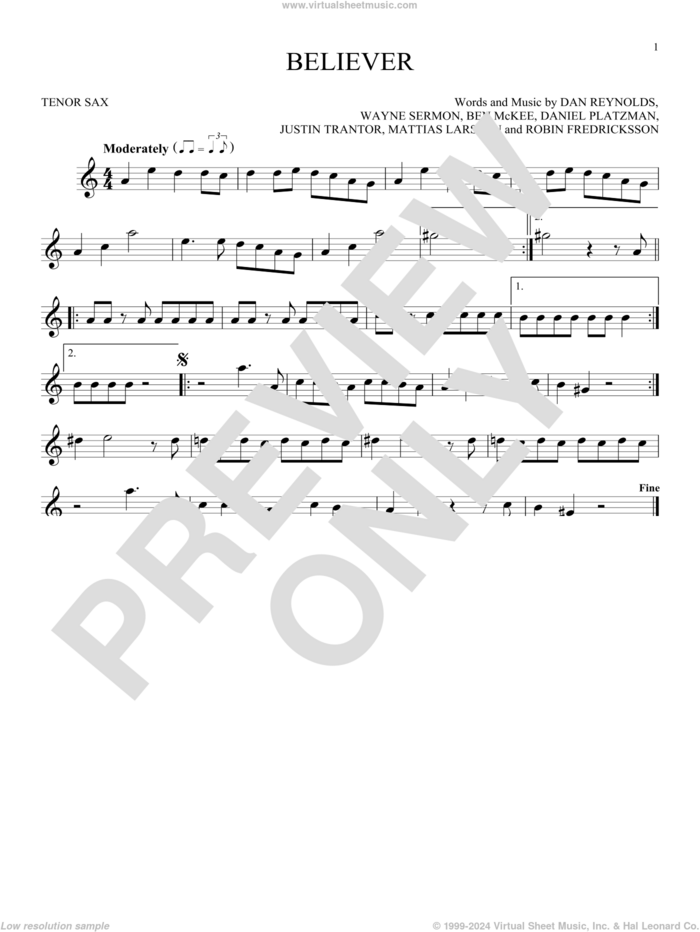 Believer sheet music for tenor saxophone solo by Imagine Dragons, Ben McKee, Dan Reynolds, Daniel Platzman, Justin Tranter, Mattias Larsson, Robin Fredriksson and Wayne Sermon, intermediate skill level