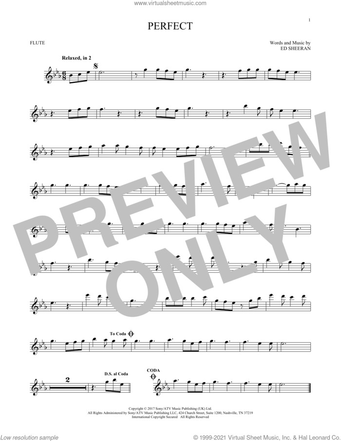 Perfect sheet music for flute solo by Ed Sheeran, intermediate skill level