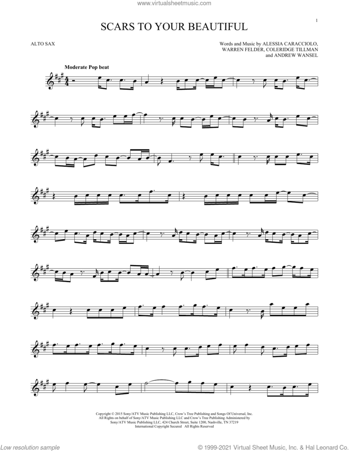 Scars To Your Beautiful sheet music for alto saxophone solo by Alessia Cara, Alessia Caracciolo, Andrew Wansel, Coleridge Tillman and Warren Felder, intermediate skill level