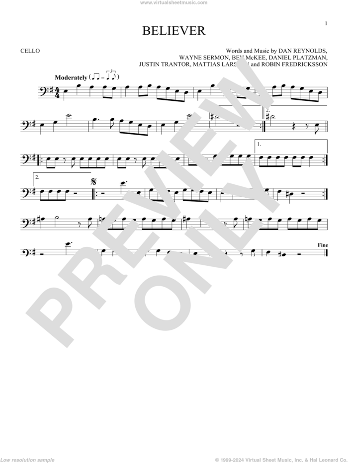 Believer sheet music for cello solo by Imagine Dragons, Ben McKee, Dan Reynolds, Daniel Platzman, Justin Tranter, Mattias Larsson, Robin Fredriksson and Wayne Sermon, intermediate skill level