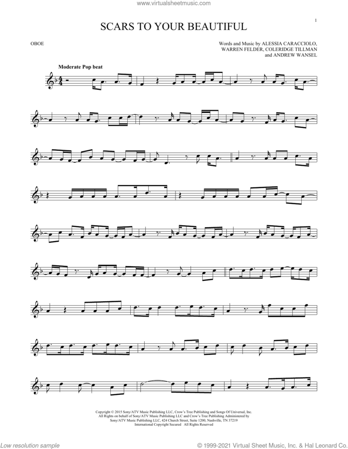 Scars To Your Beautiful sheet music for oboe solo by Alessia Cara, Alessia Caracciolo, Andrew Wansel, Coleridge Tillman and Warren Felder, intermediate skill level