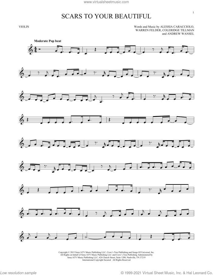 Scars To Your Beautiful sheet music for violin solo by Alessia Cara, Alessia Caracciolo, Andrew Wansel, Coleridge Tillman and Warren Felder, intermediate skill level