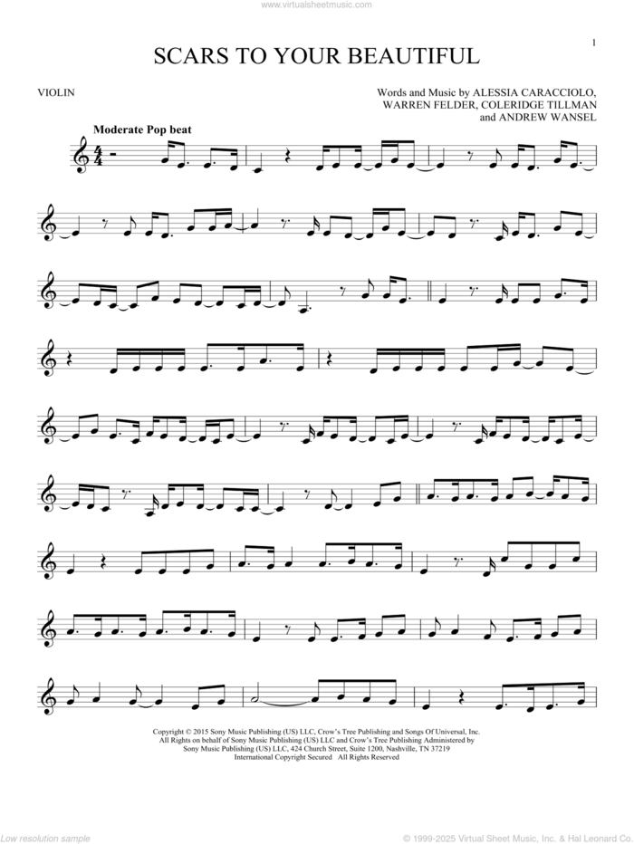 Scars To Your Beautiful sheet music for violin solo by Alessia Cara, Alessia Caracciolo, Andrew Wansel, Coleridge Tillman and Warren Felder, intermediate skill level