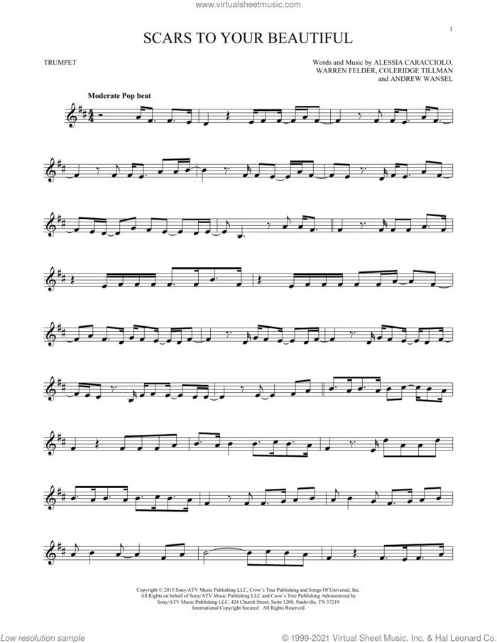 Scars To Your Beautiful sheet music for trumpet solo by Alessia Cara, Alessia Caracciolo, Andrew Wansel, Coleridge Tillman and Warren Felder, intermediate skill level