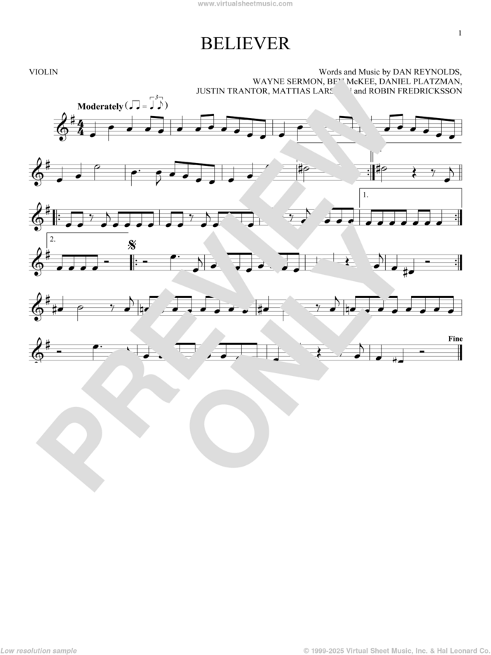 Believer sheet music for violin solo by Imagine Dragons, Ben McKee, Dan Reynolds, Daniel Platzman, Justin Tranter, Mattias Larsson, Robin Fredriksson and Wayne Sermon, intermediate skill level