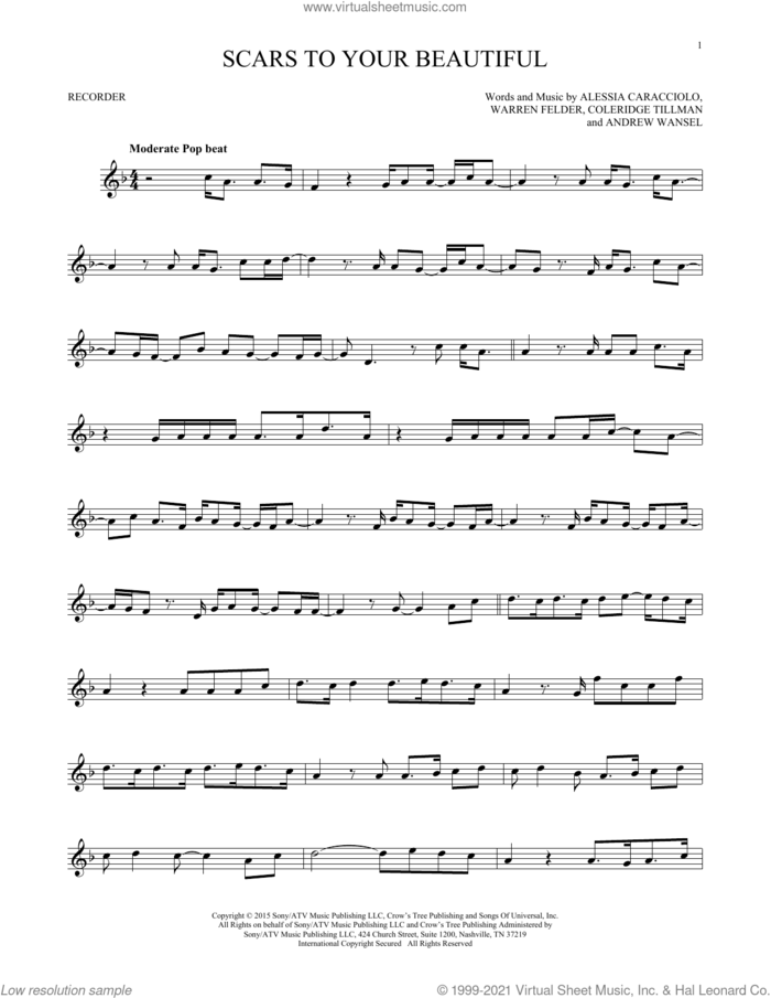 Scars To Your Beautiful sheet music for recorder solo by Alessia Cara, Alessia Caracciolo, Andrew Wansel, Coleridge Tillman and Warren Felder, intermediate skill level