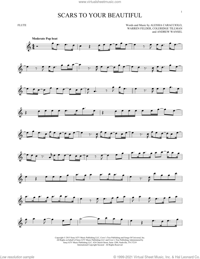 Scars To Your Beautiful sheet music for flute solo by Alessia Cara, Alessia Caracciolo, Andrew Wansel, Coleridge Tillman and Warren Felder, intermediate skill level