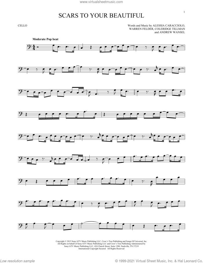 Scars To Your Beautiful sheet music for cello solo by Alessia Cara, Alessia Caracciolo, Andrew Wansel, Coleridge Tillman and Warren Felder, intermediate skill level