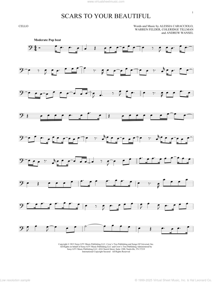 Scars To Your Beautiful sheet music for cello solo by Alessia Cara, Alessia Caracciolo, Andrew Wansel, Coleridge Tillman and Warren Felder, intermediate skill level