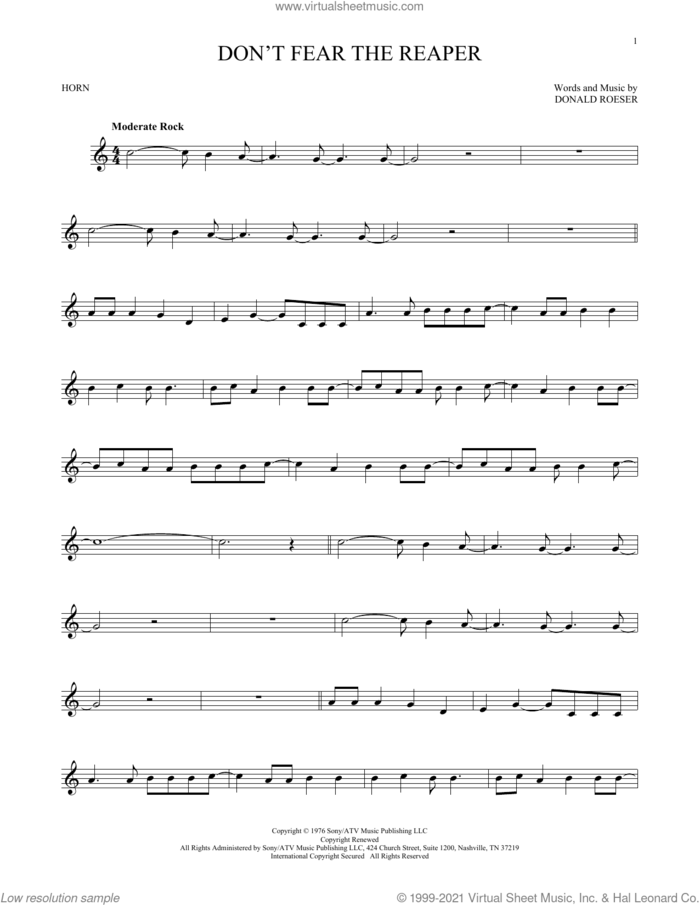 Don't Fear The Reaper sheet music for horn solo by Blue Oyster Cult and Donald Roeser, intermediate skill level
